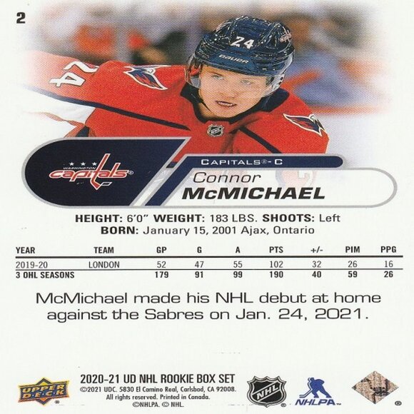 Connor McMichael - 2020-21 UD NHL Rookie Box Set Hockey Card - Picture 2 of 2